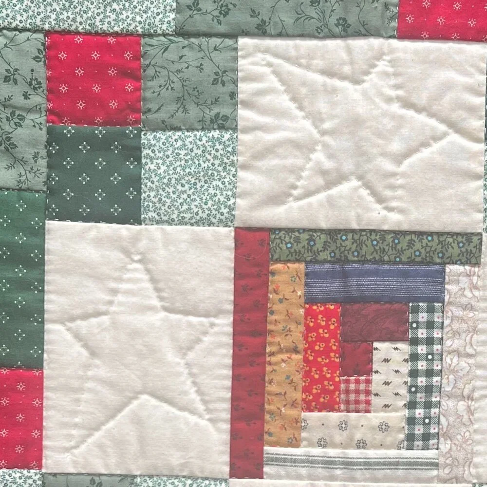 Handcrafted Hand Stitched Quilted Patchwork Log Cabin White Stars Table Topper